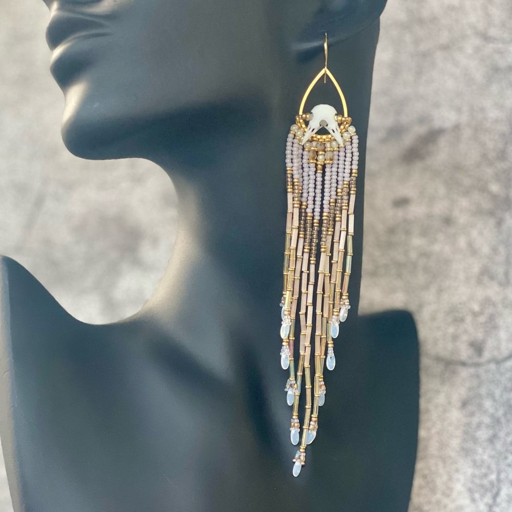 Guild & Gloam- Elegant Gold White Fringe Beaded Earrings